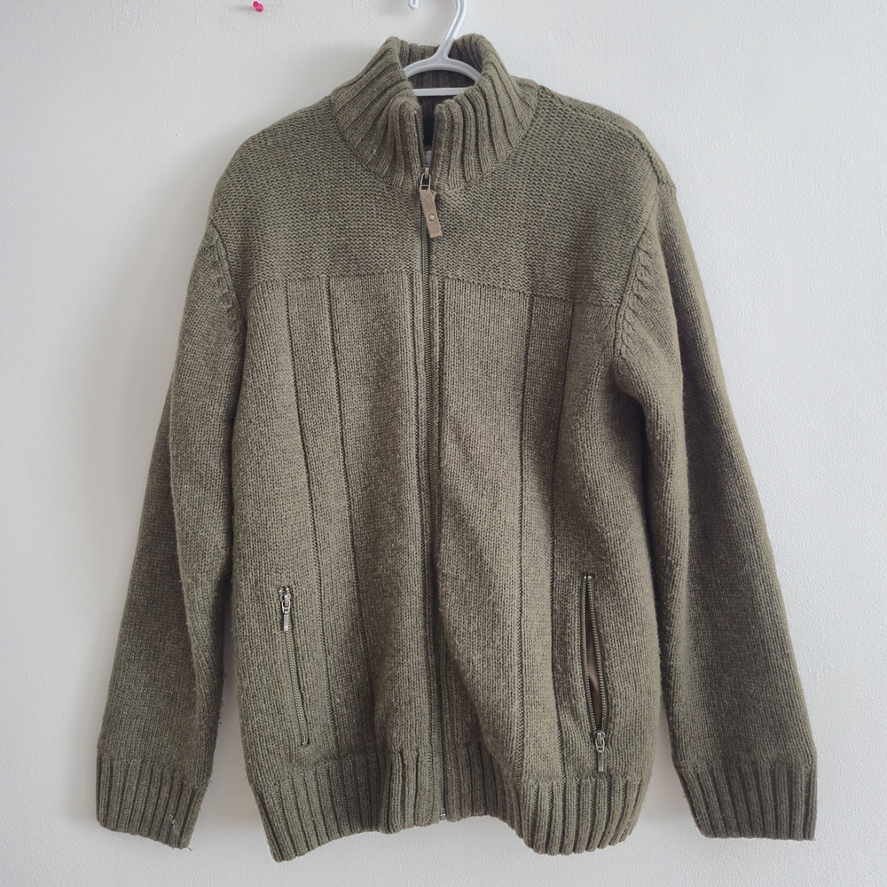 Wind River Green Sherpa Lined Full Zip Sweater Cardigan ,chunky wool cotton Acry